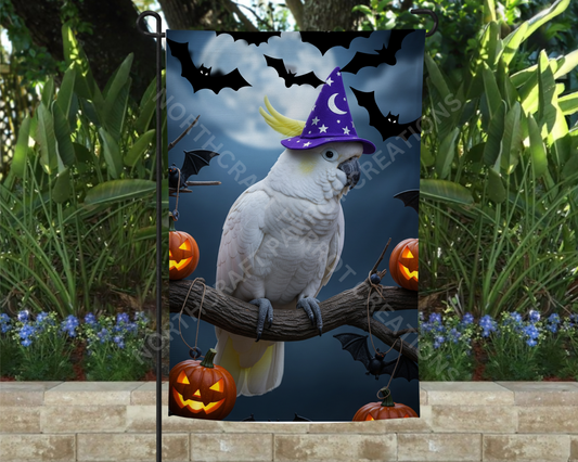 Sulfur Crested Cockatoo Halloween Witch Hat Garden Flag