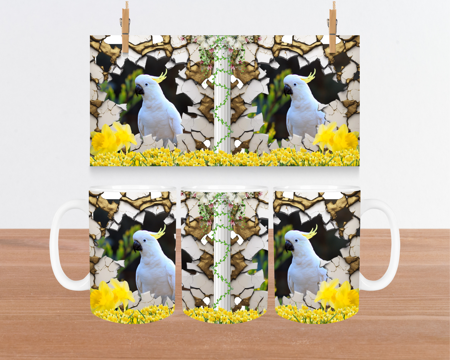 Sulfur Crested Cockatoo with Daffodils and Pillar 15oz Ceramic Mug