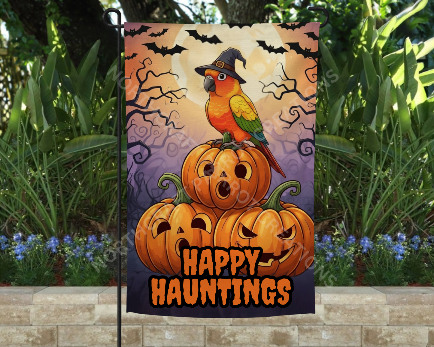 Sun Conure "Happy Hauntings" Halloween Garden Flag