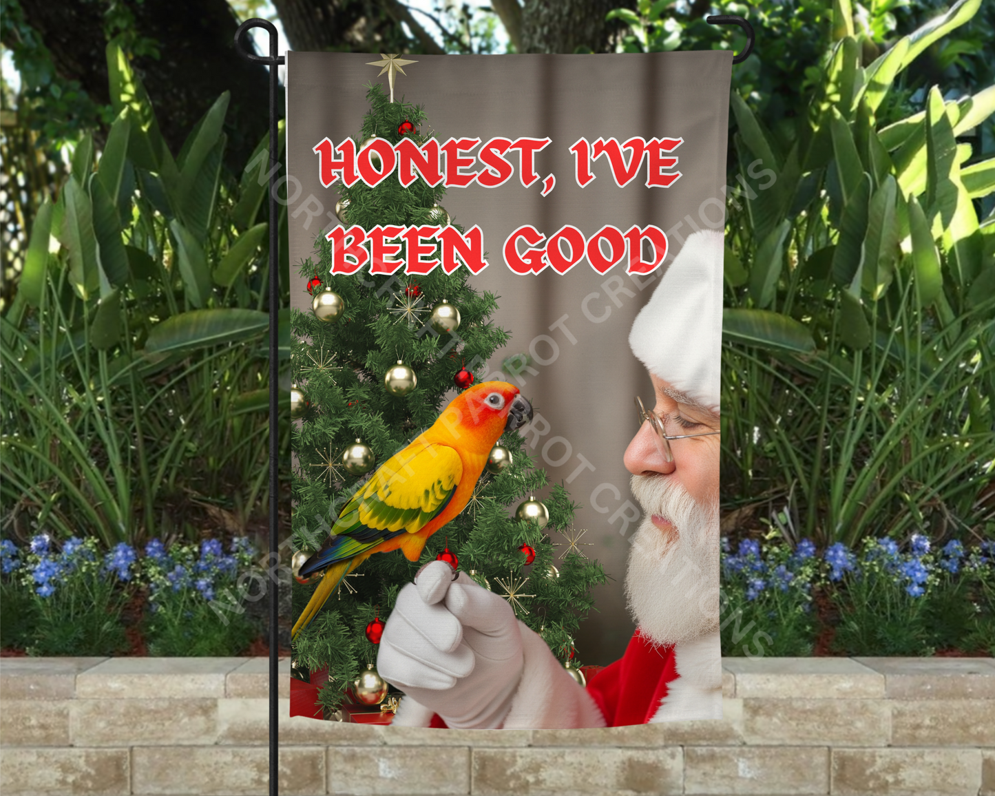 Sun Conure "Honest I've Been Good" Christmas Garden Flag