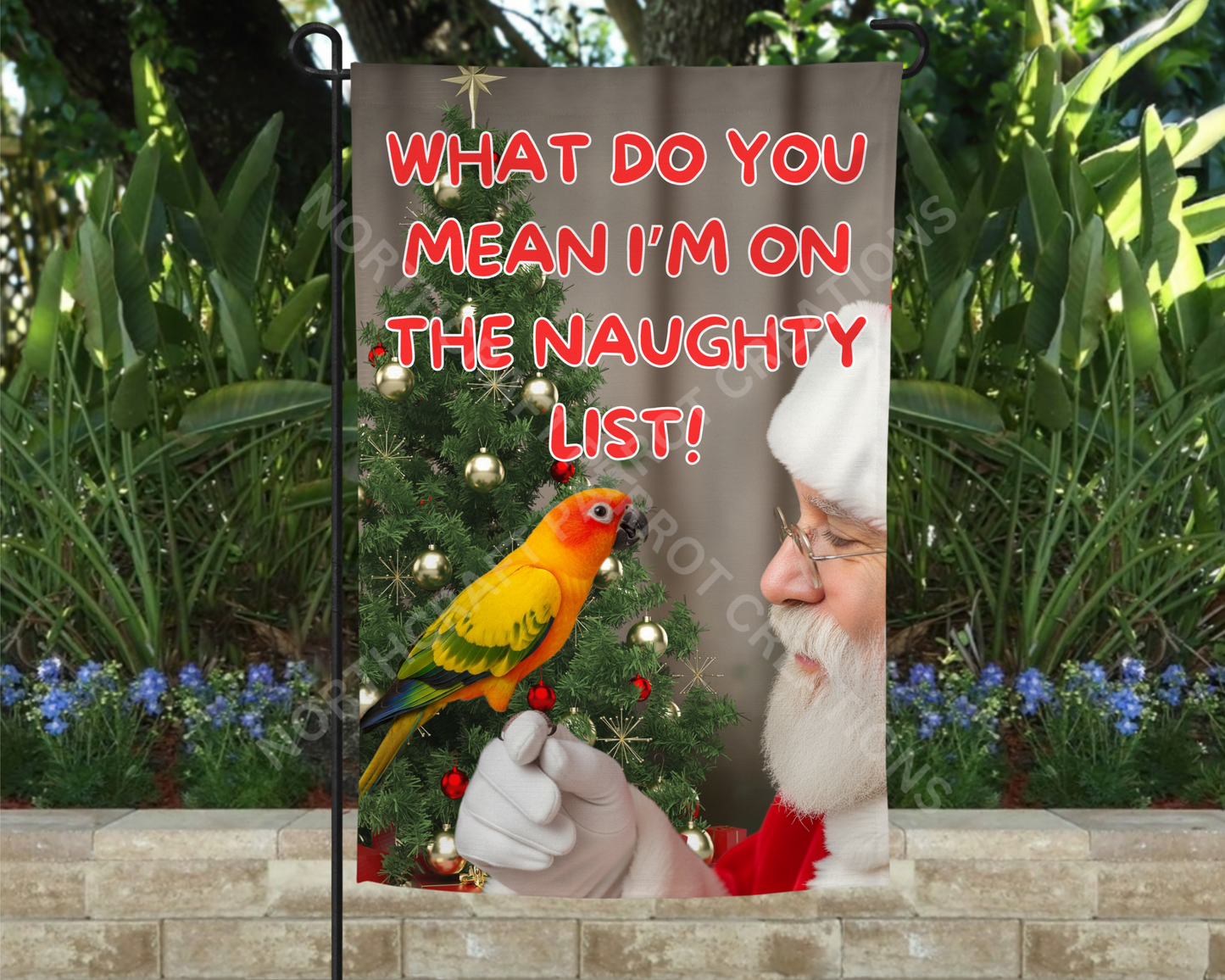 Sun Conure Christmas "Naughty List" Garden Flag