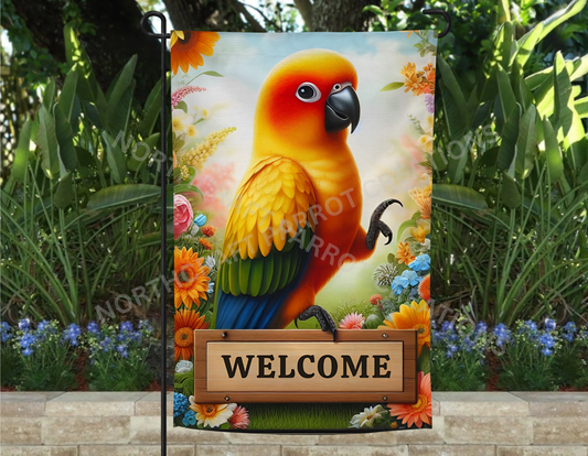 Sun Conure Holding Foot Up "Welcome" Garden Flag