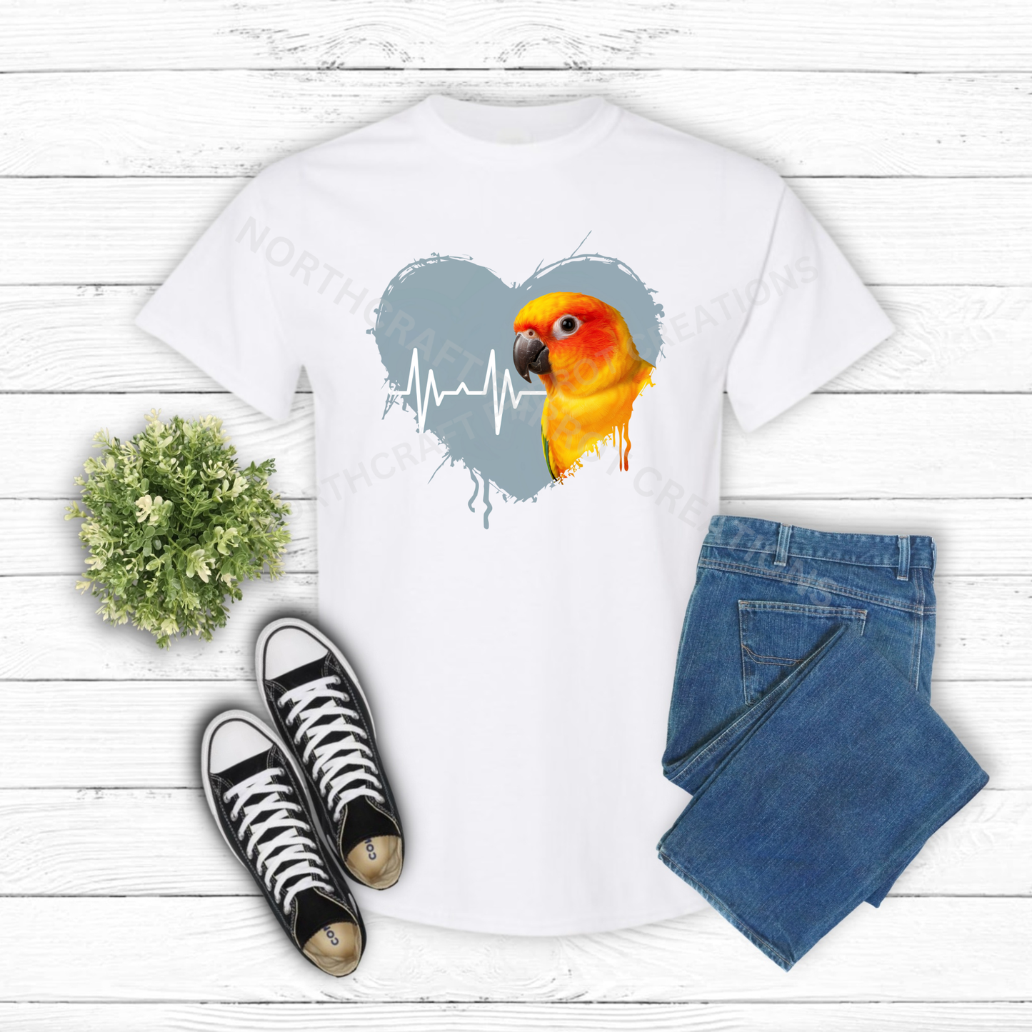 Sun Conure in heart with heartbeat line 100% Cotton Shirt