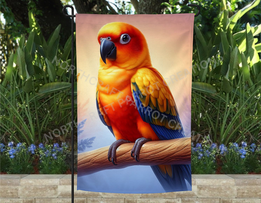 Sun Conure amid an Ombre Mist Garden Flag