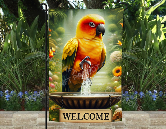 Sun Conure on Fountain "Welcome" Garden Flag
