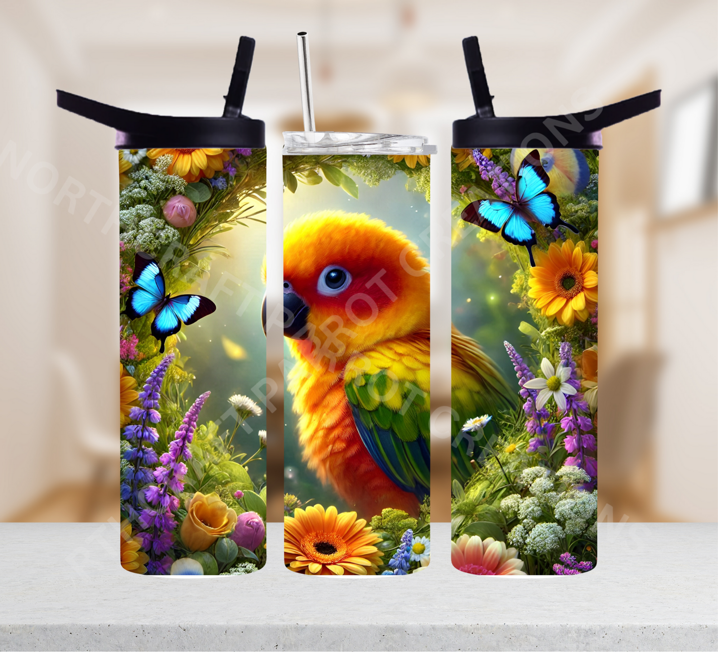 Sun Conure in Circle with Butterflies 20oz or 30oz Tumbler