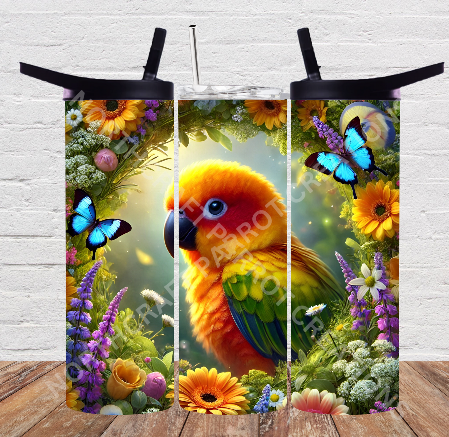 Sun Conure in Circle with Butterflies 20oz or 30oz Tumbler