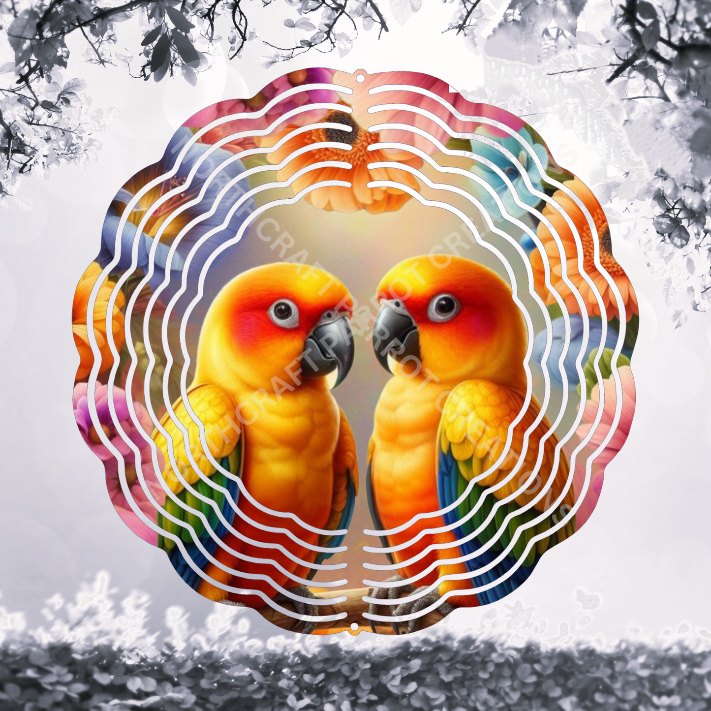 Sun Conure Pair Surrounded by Flowers 8" or 10" Wind Spinner