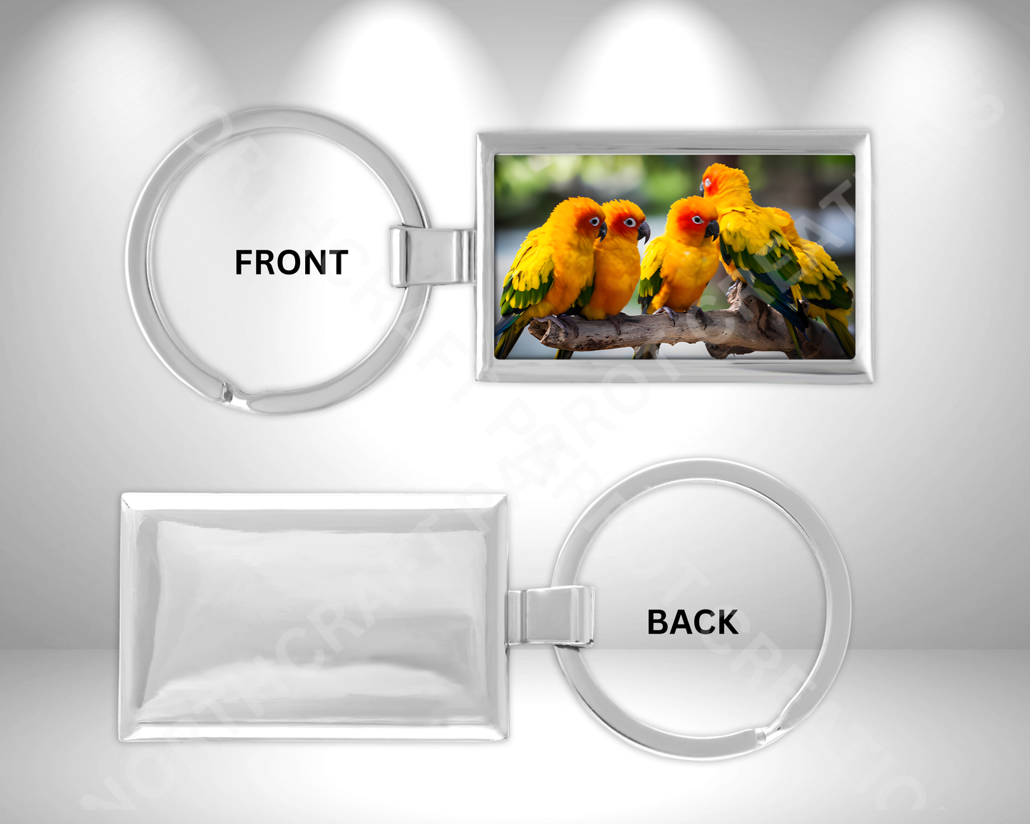 Sun Conure Flock on Branch Rectangle Metal Keychain