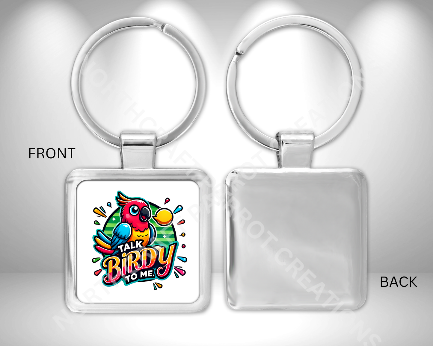 "Talk Birdy to Me" White Background Square Metal Keychain