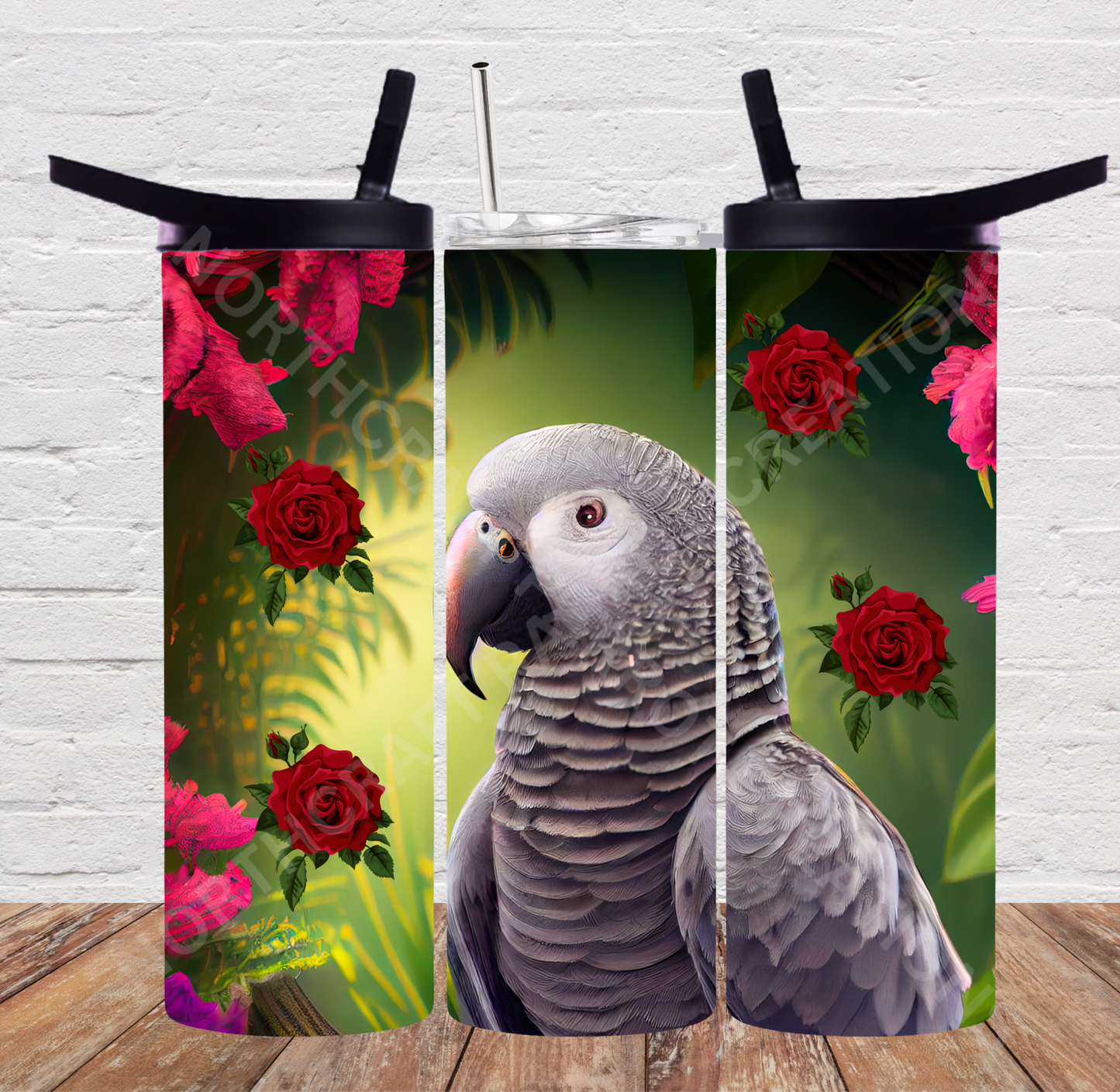 Timneh African Grey with Flowers 20oz or 30oz Tumbler