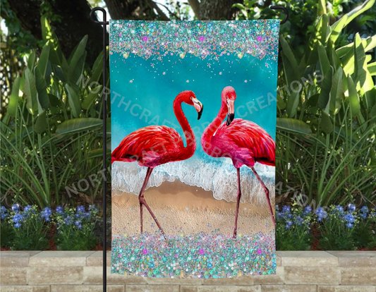 Flamingo Pair on a Beach Garden Flag