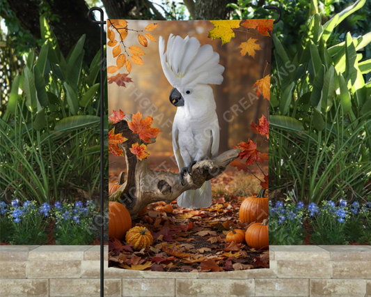 Umbrella Cockatoo Fall Pumpkin Leaves Garden Flag