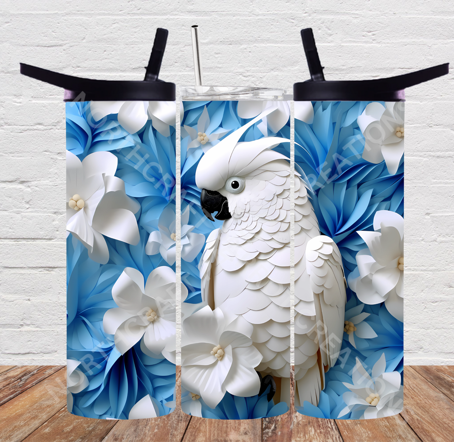 Umbrella Cockatoo with Blue Background 20oz or 30oz Tumbler