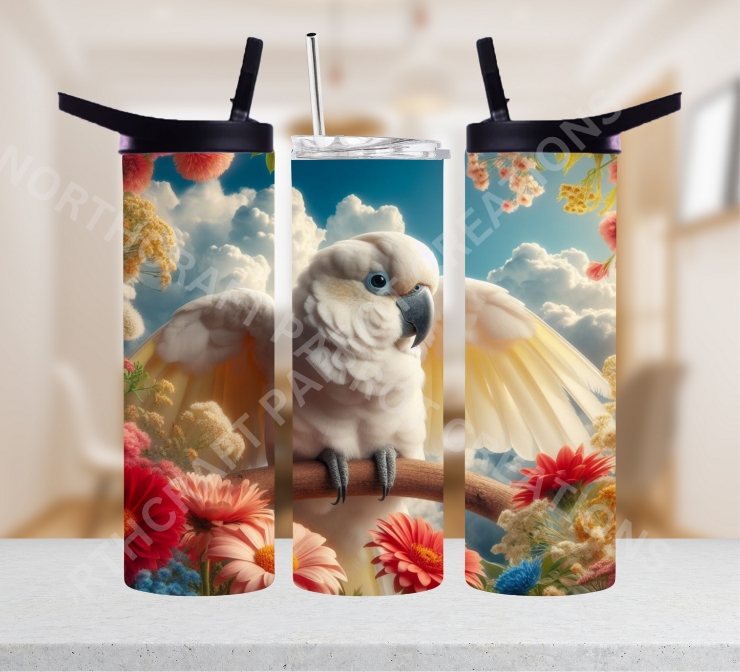 Umbrella Cockatoo with Clouds and Flowers 20oz or 30oz Tumbler