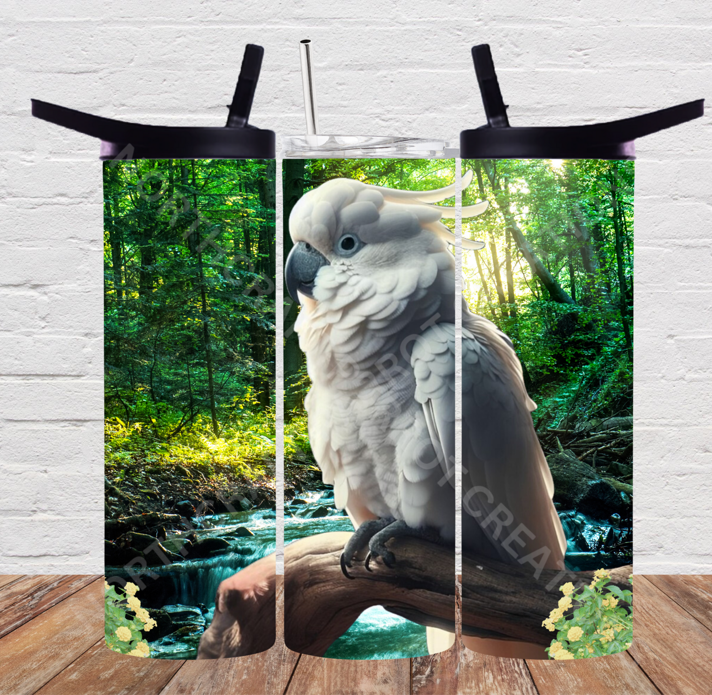 Umbrella Cockatoo with Stream Background 20oz or 30oz Tumbler