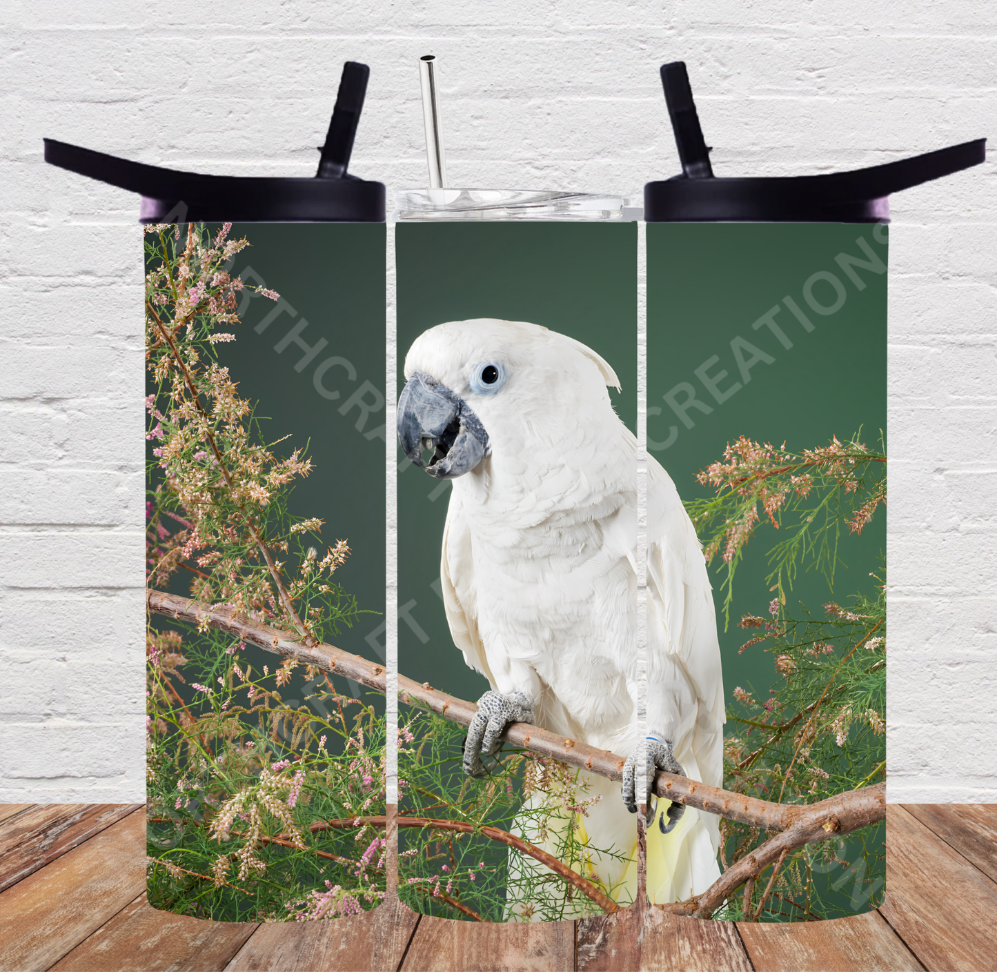 Umbrella Cockatoo on Flowered Branch 20oz or 30oz Tumbler