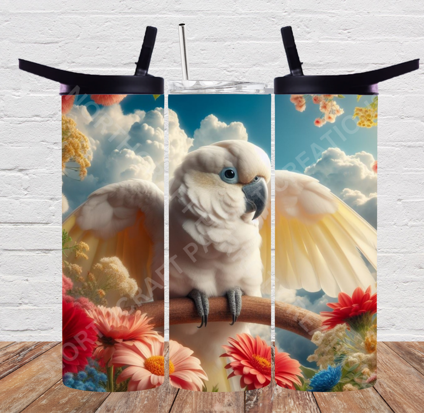 Umbrella Cockatoo with Clouds and Flowers 20oz or 30oz Tumbler