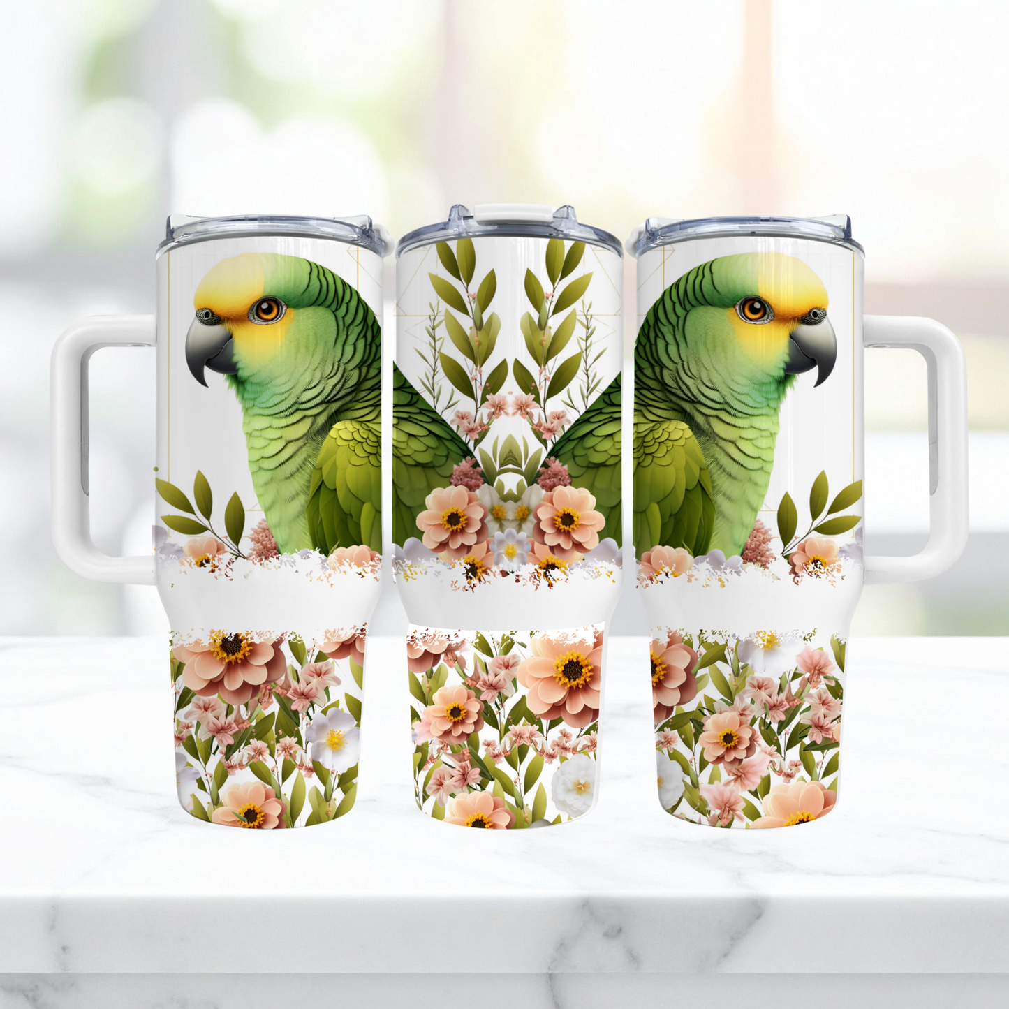 Yellow Crown Amazon with Flowers & Line Background 40oz Tumbler