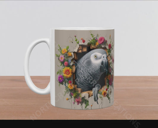 African Grey Hole in Wall Surrounded By Flowers 15oz Ceramic Mug