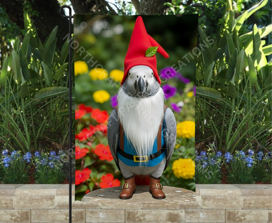 African Grey Dressed as a Garden Gnome with Red Hat Garden Flag