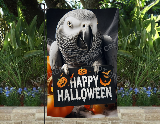 African Grey "Happy Halloween" Garden Flag