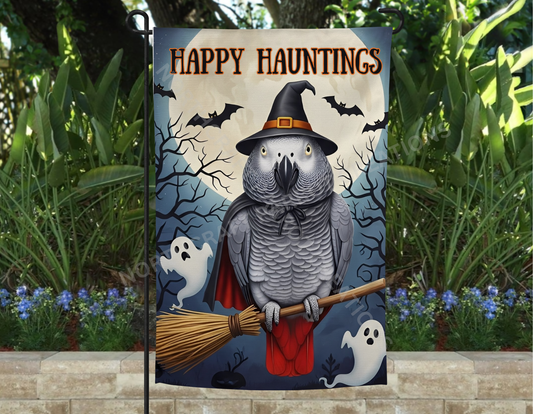 African Grey "Happy Hauntings" Halloween Garden Flag