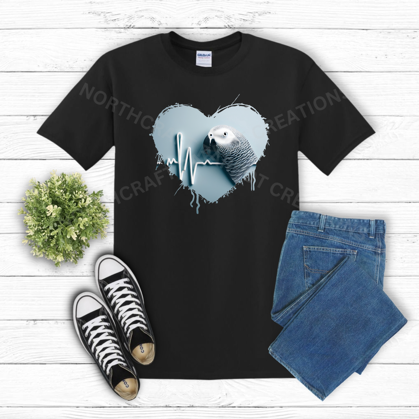 African Grey (Congo) in heart with heartbeat line 100% Cotton Shirt