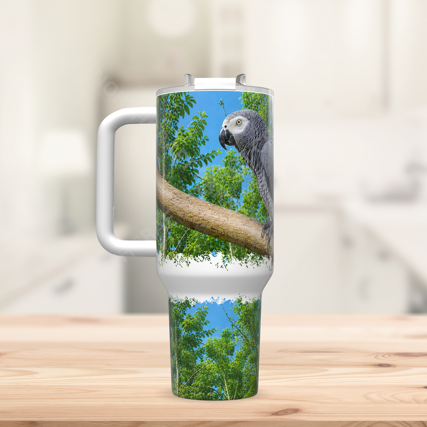African Grey on Branch, Nature Setting 40oz Stainless Steel Tumbler