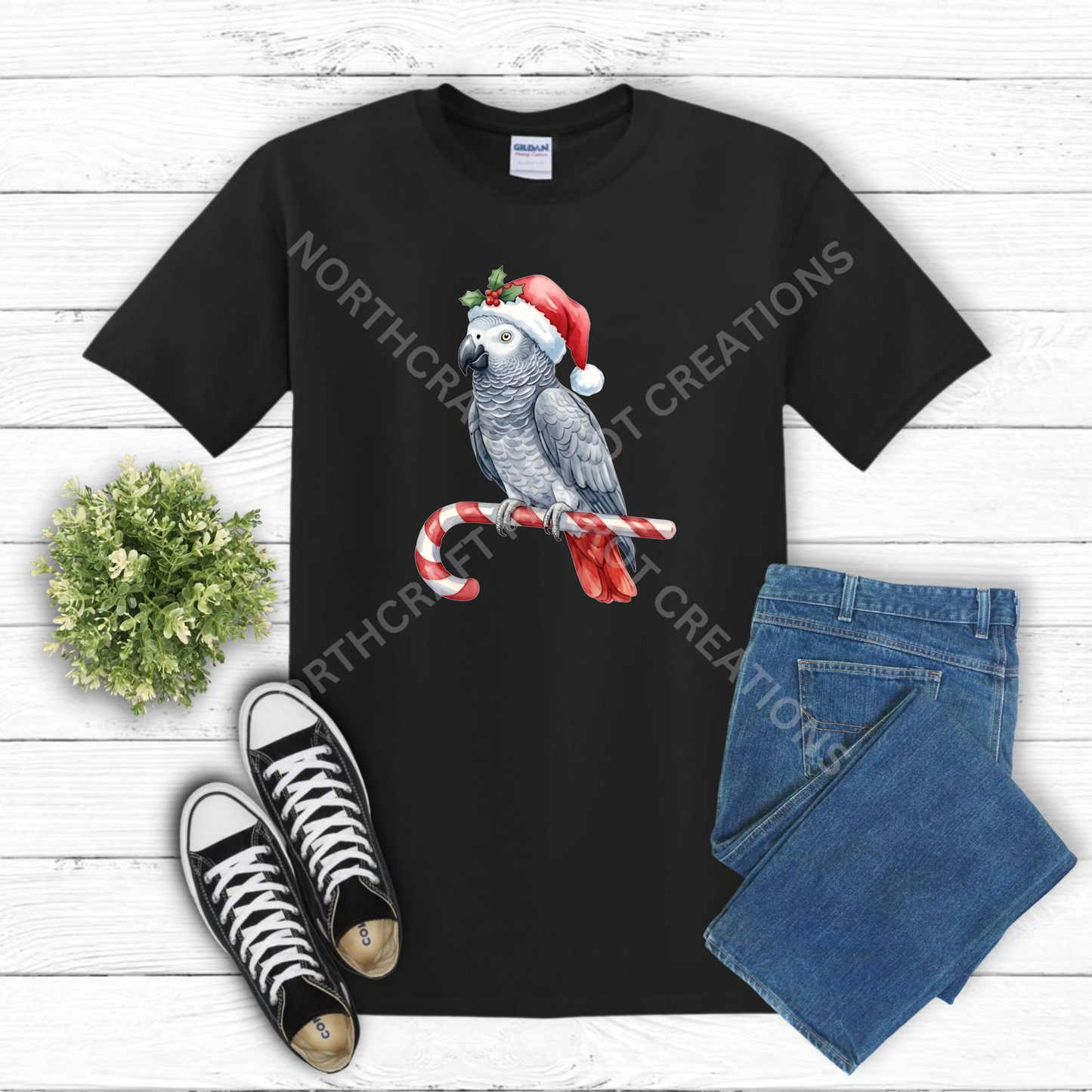 African Grey on Christmas Candy Cane 100% Cotton Parrot Shirt