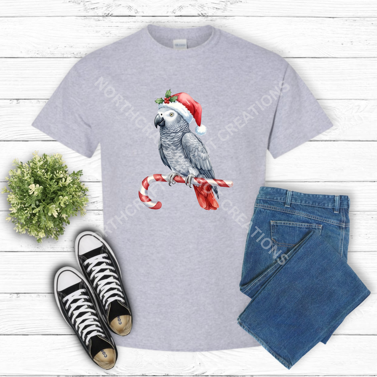 African Grey on Christmas Candy Cane 100% Cotton Parrot Shirt