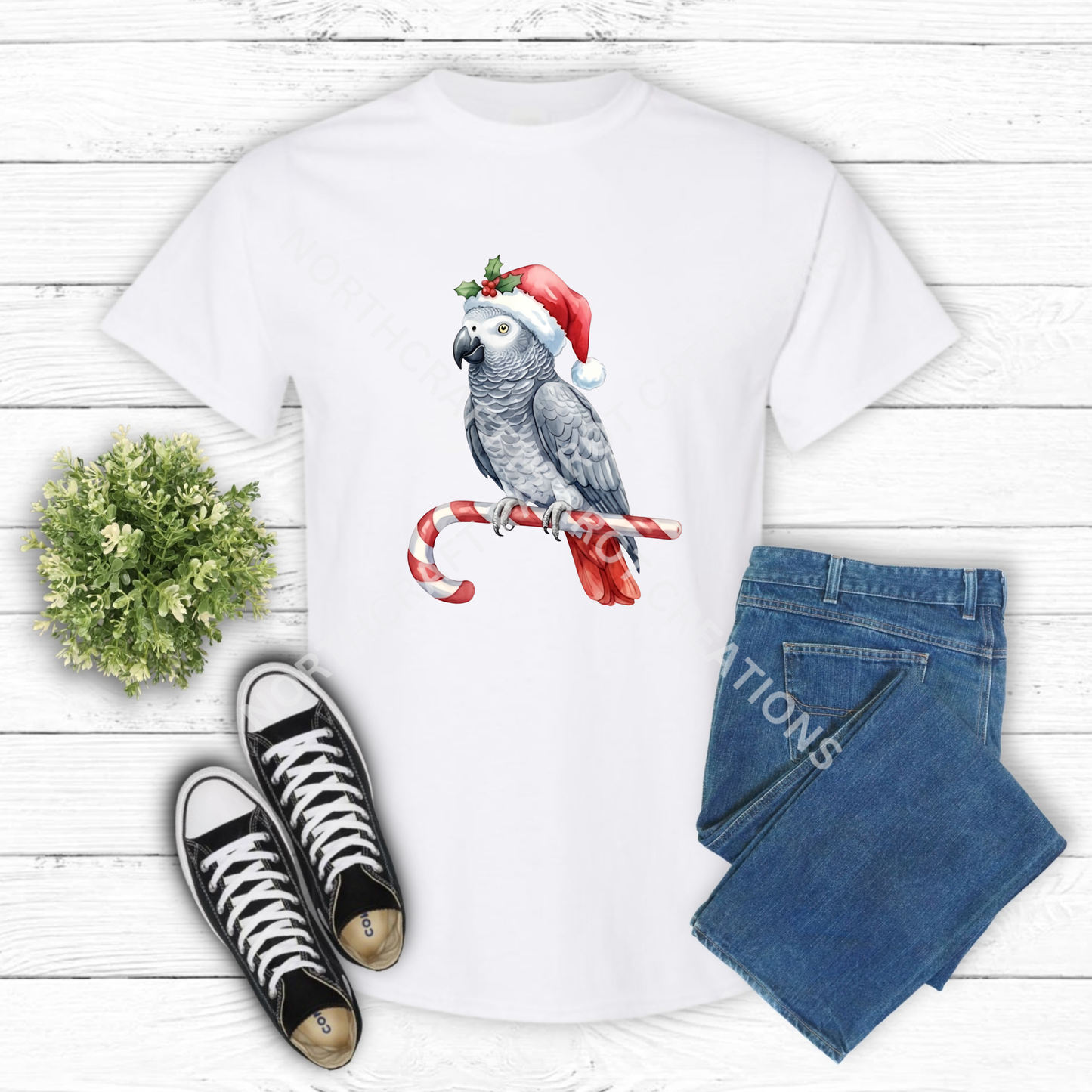 African Grey on Christmas Candy Cane 100% Cotton Parrot Shirt