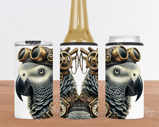 African Grey in a Steampunk Theme 4-in-1 Stainless Steel Can Cooler