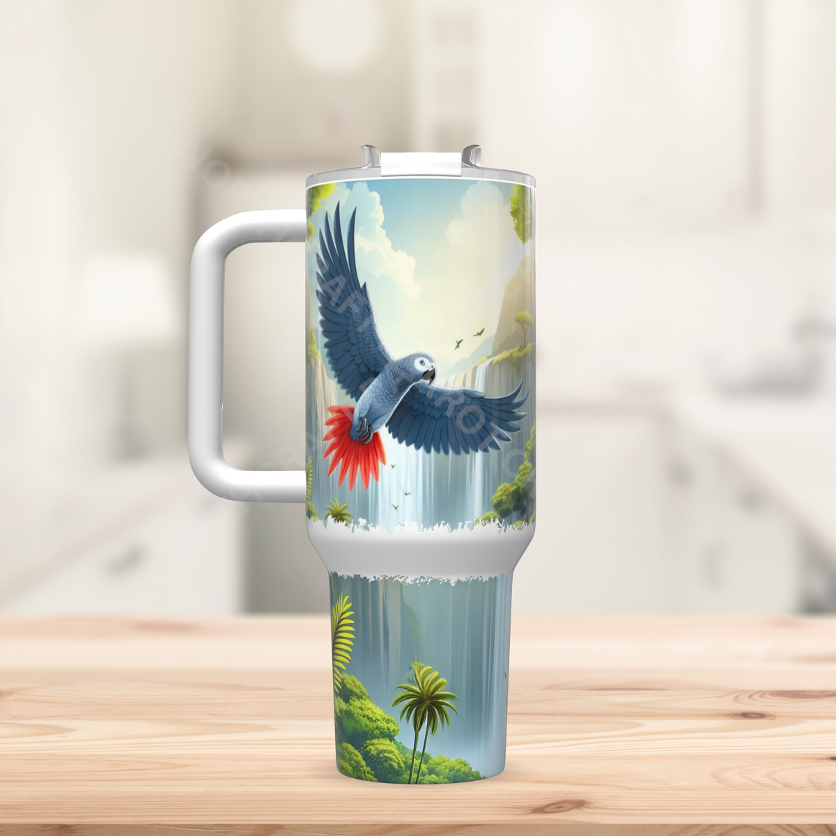 African Grey Flying Waterfall Background 40oz Stainless Steel Tumbler