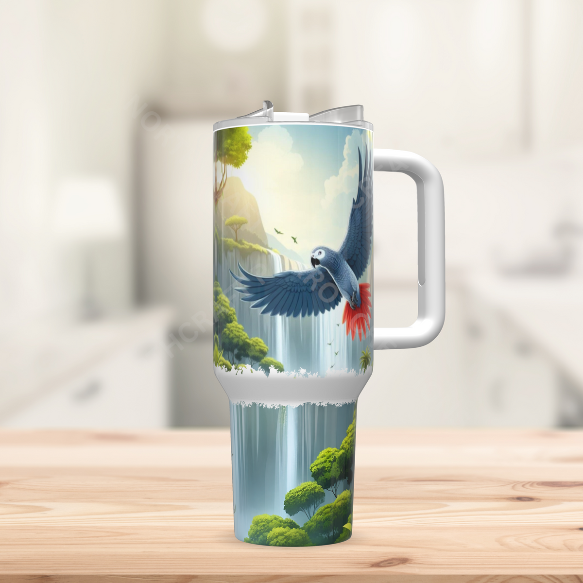 African Grey Flying Waterfall Background 40oz Stainless Steel Tumbler