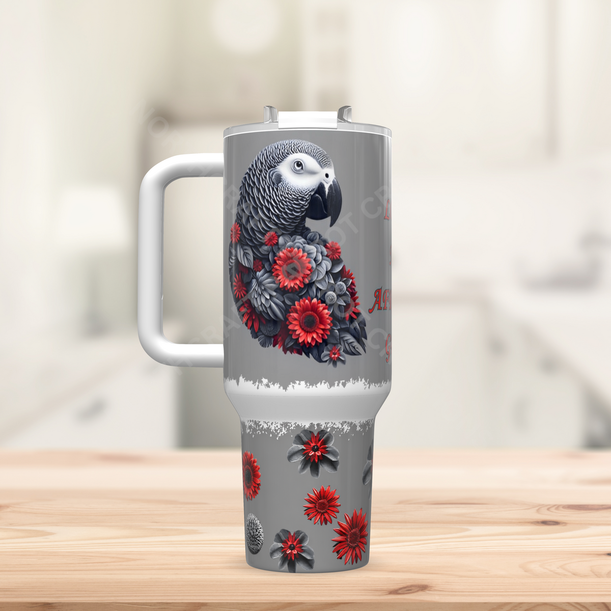 African Grey "I Love My African Grey" Flowered 40oz Stainless Steel Tumbler