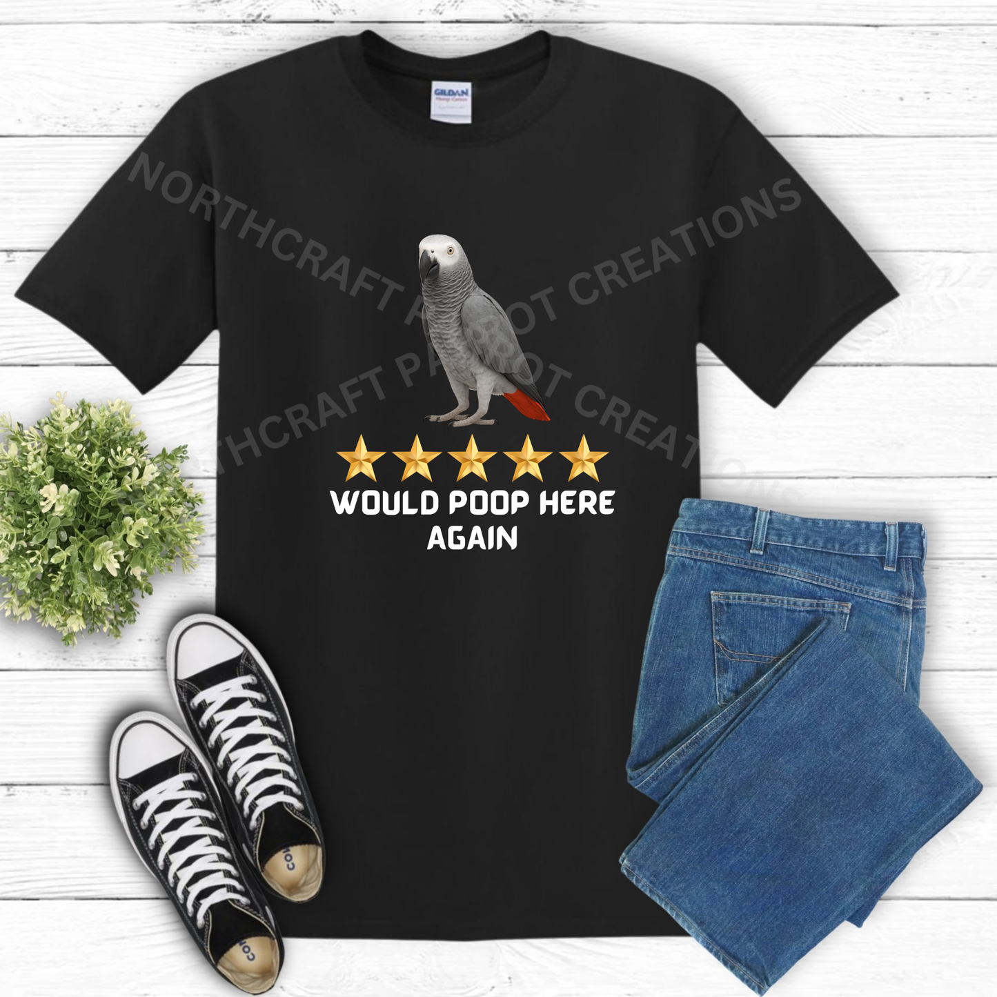 African Grey "Would Poop Here Again" 5 Star Rating 100%Cotton Parrot Shirt