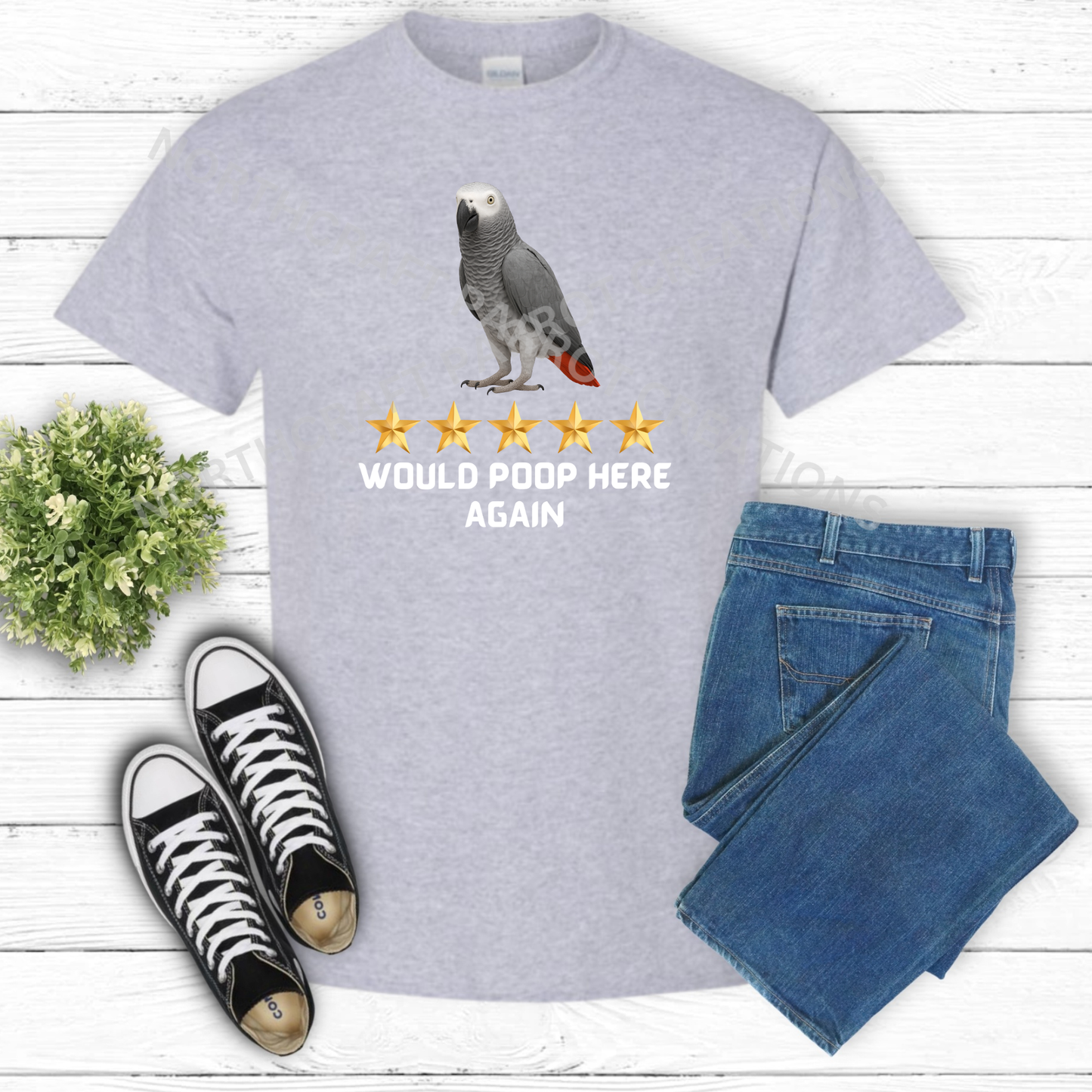 African Grey "Would Poop Here Again" 5 Star Rating 100%Cotton Parrot Shirt