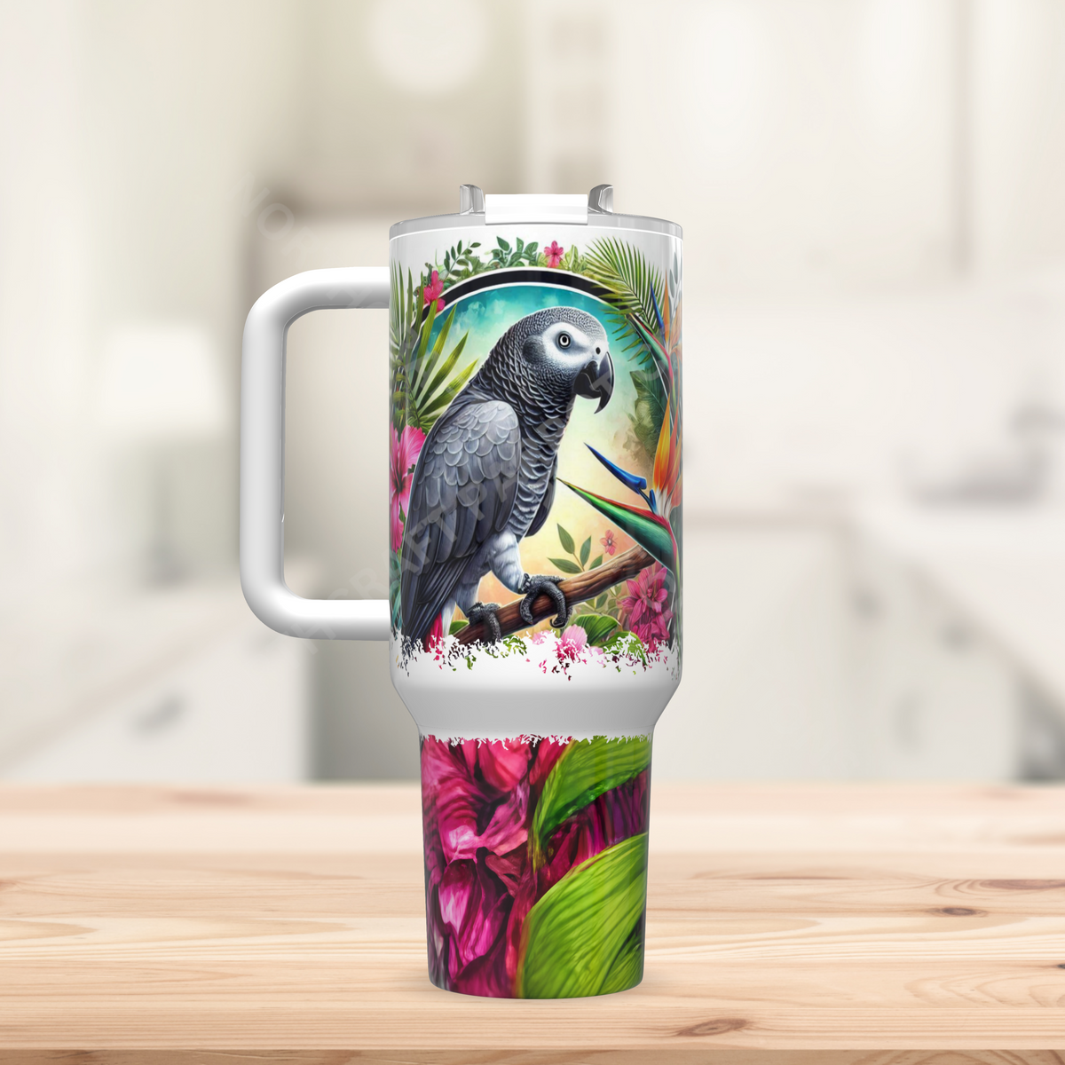 African Grey in Tropical Flowers 40oz Stainless Steel Tumbler