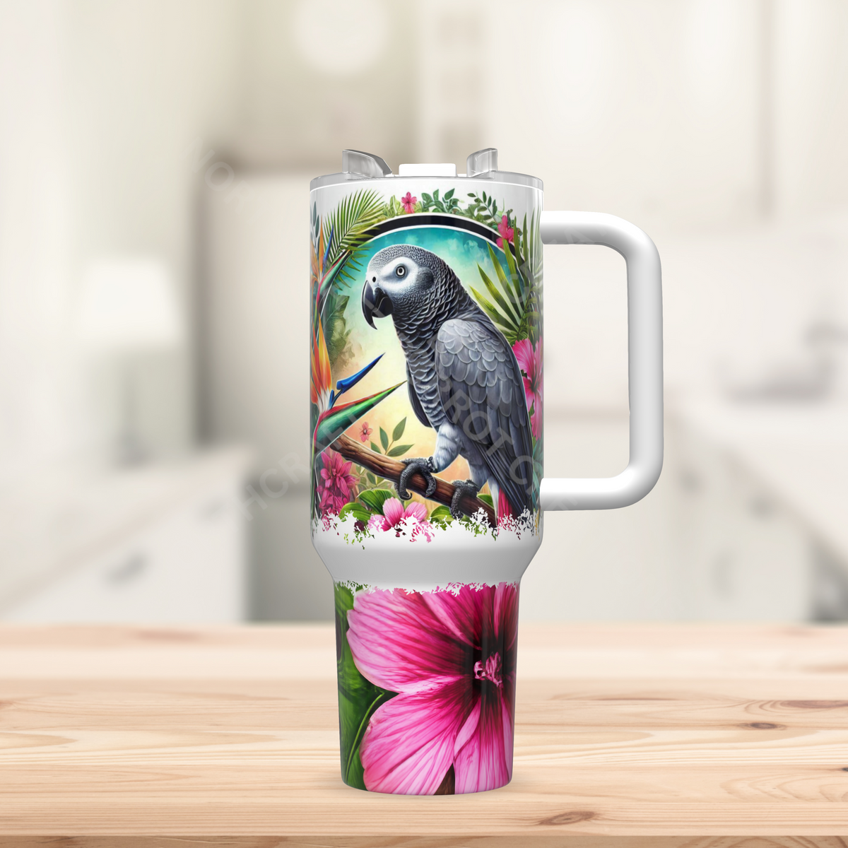 African Grey in Tropical Flowers 40oz Stainless Steel Tumbler