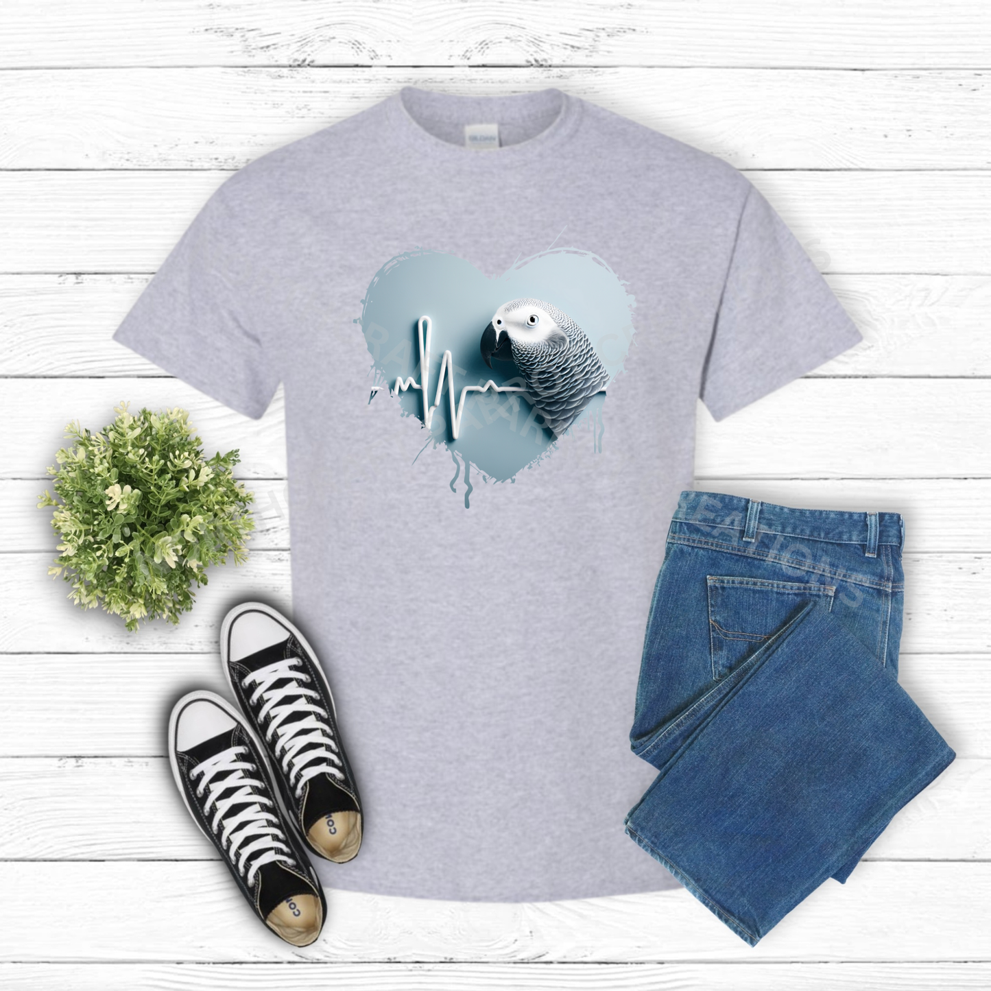 African Grey (Congo) in heart with heartbeat line 100% Cotton Shirt