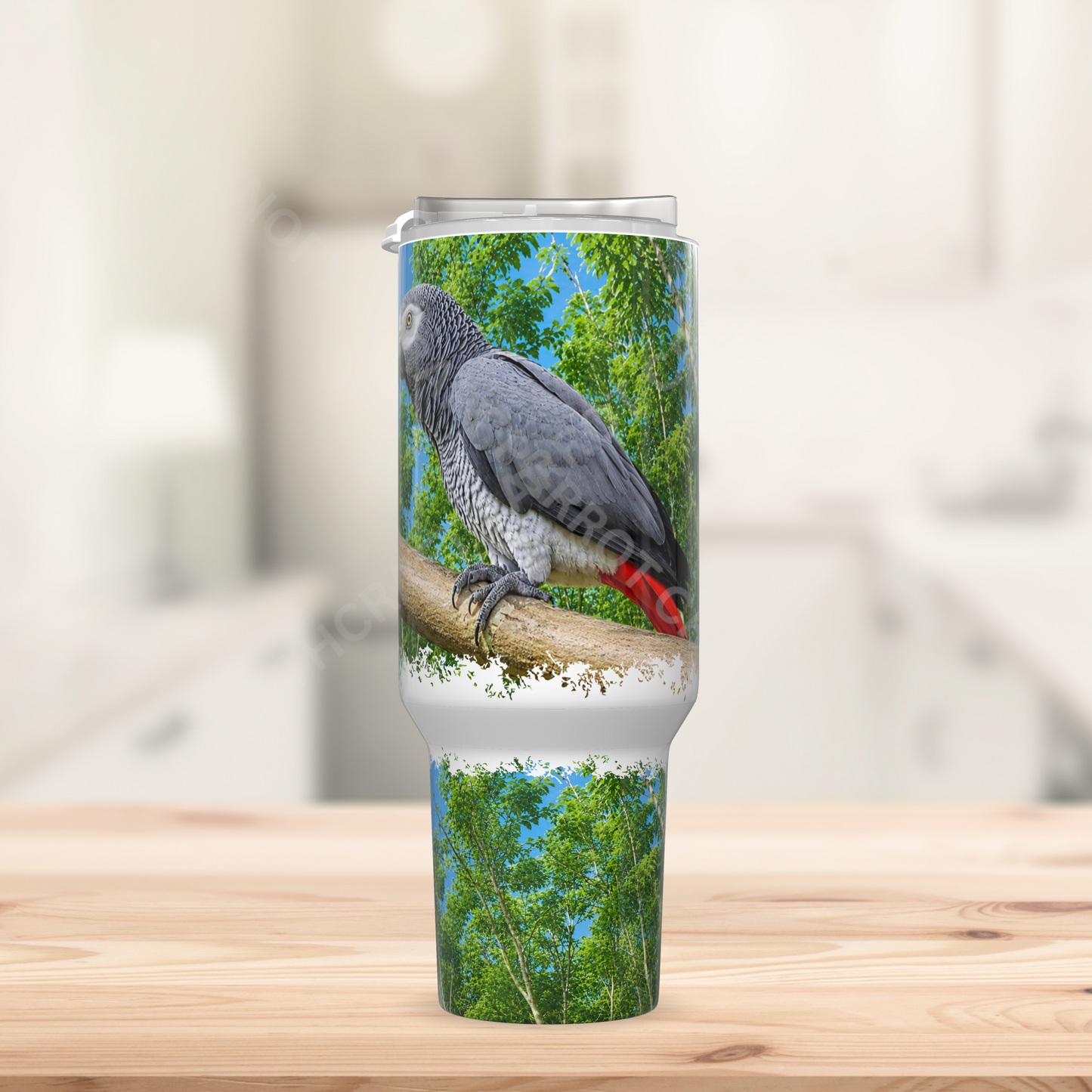 African Grey on Branch, Nature Setting 40oz Stainless Steel Tumbler