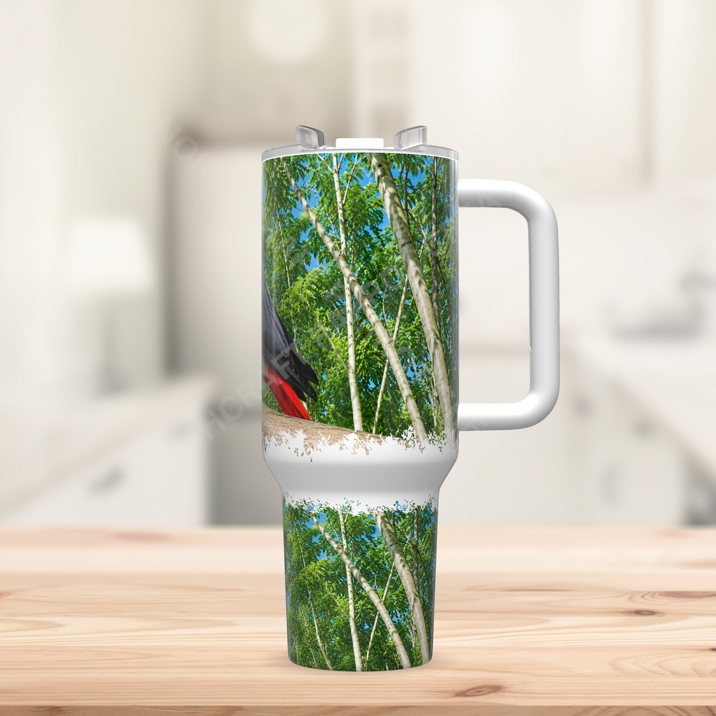 African Grey on Branch, Nature Setting 40oz Stainless Steel Tumbler