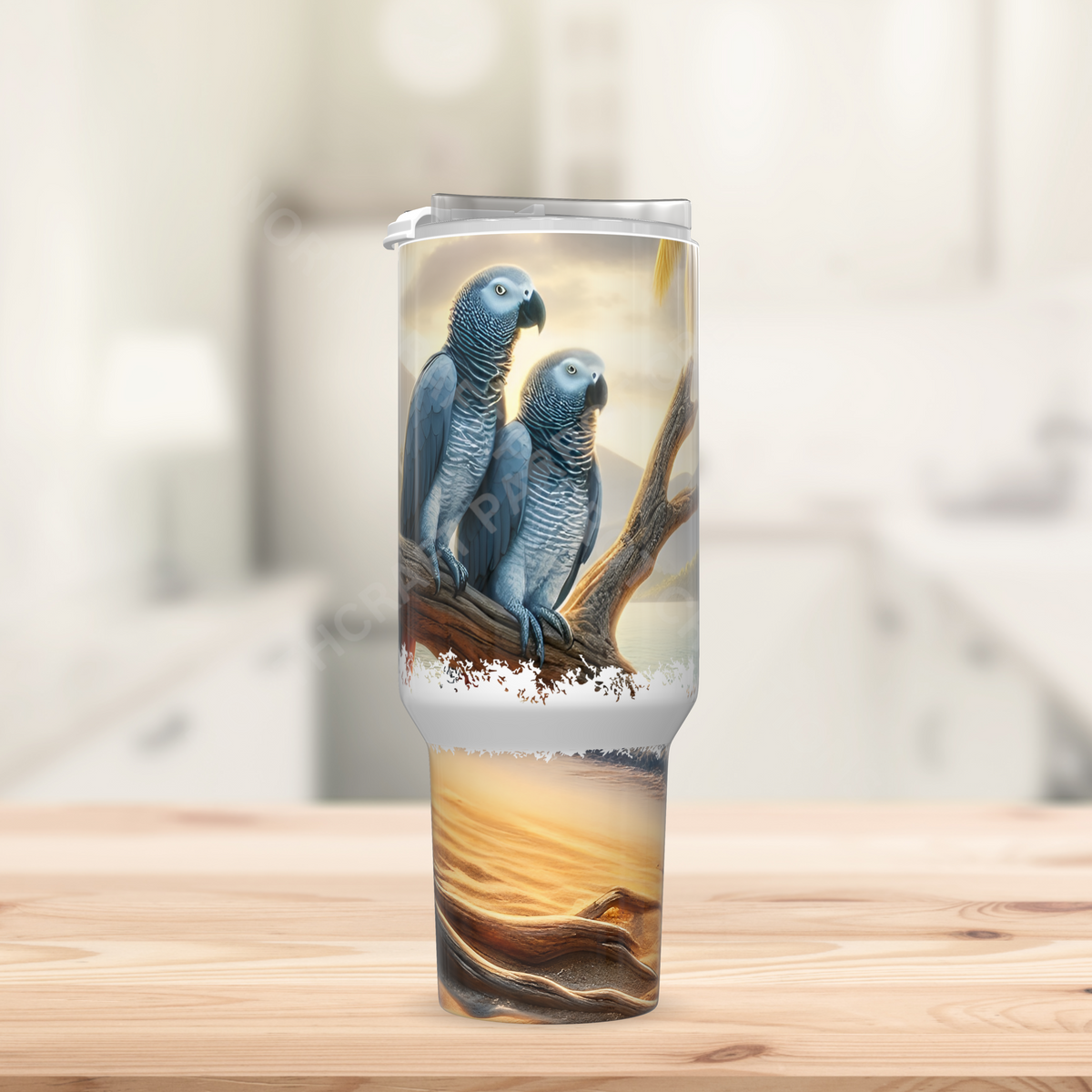 African Grey Pair on Branch with Boat 40oz Stainless Steel Tumbler