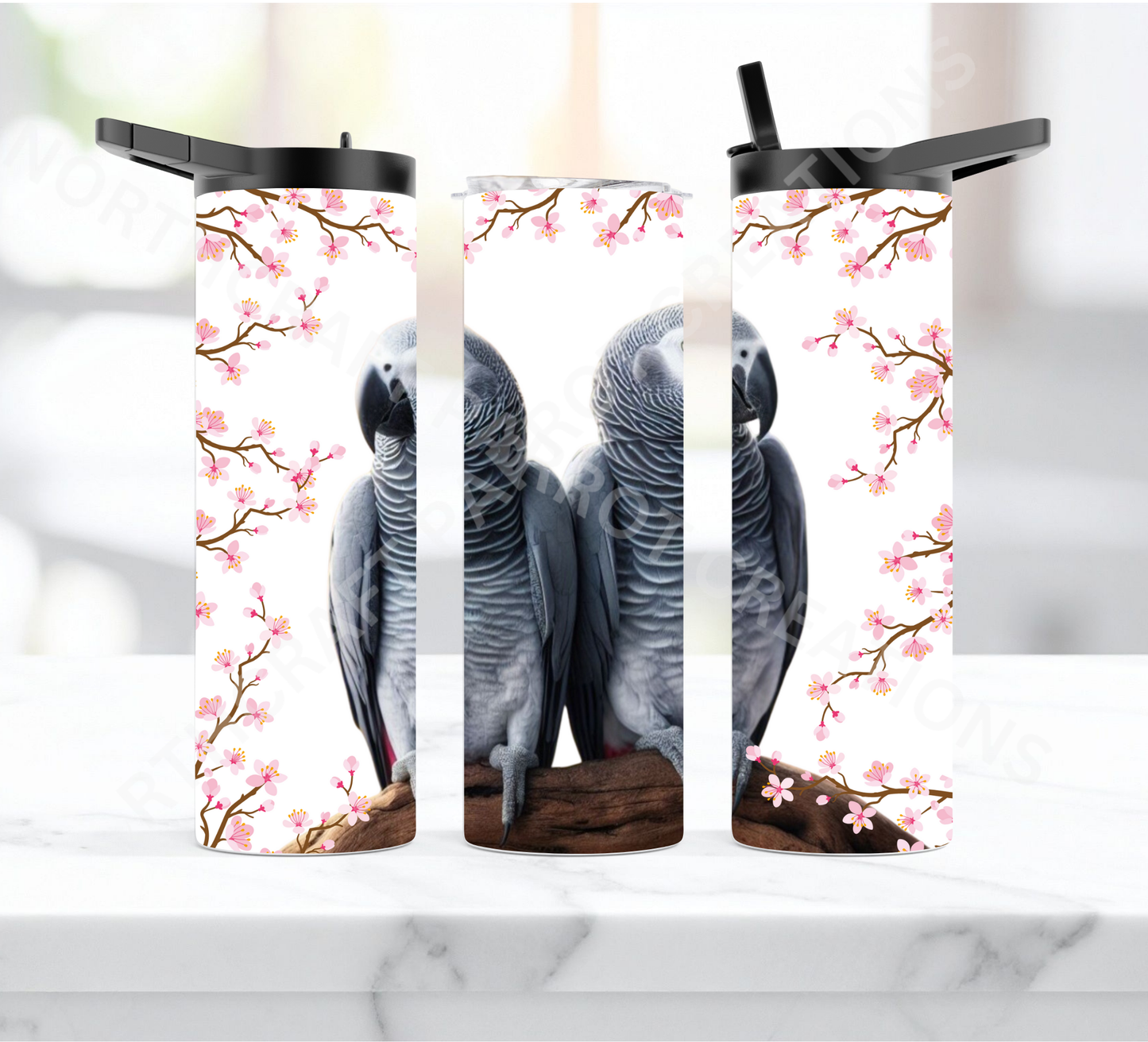 African Grey Pair with Pink Flower Edge 20oz or 30oz Duo-lid Tumbler