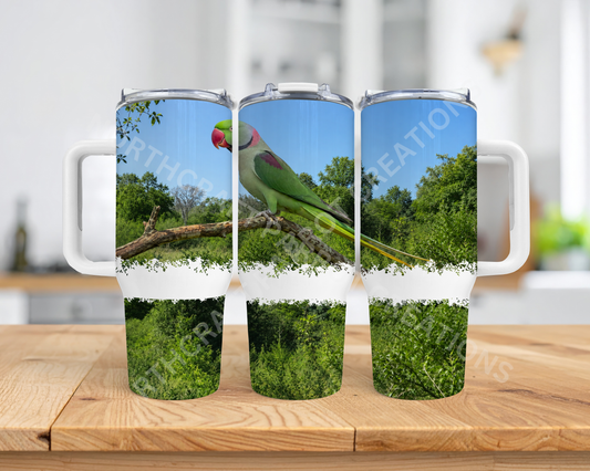 Alexandrine on Branch with Sky, Nature Setting 40oz Stainless Steel Parrot Tumbler