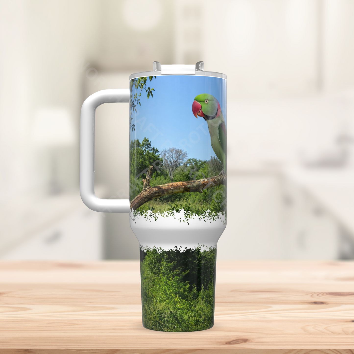 Alexandrine on Branch with Sky, Nature Setting 40oz Stainless Steel Parrot Tumbler