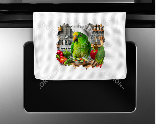 Amazon (Yellow Headed) Parrot with bowl of veggies Microfiber Waffle Weave kitchen towel