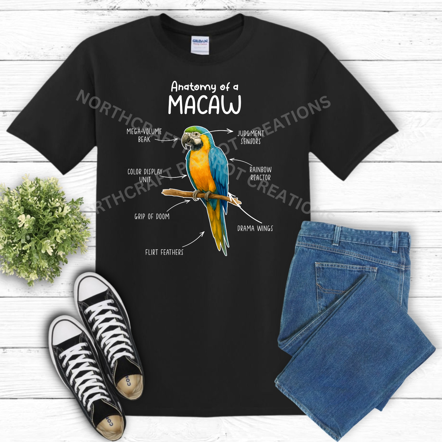 Blue and Gold Macaw "Anatomy of a Macaw" Descriptive Labels 100% Cotton Parrot Shirt