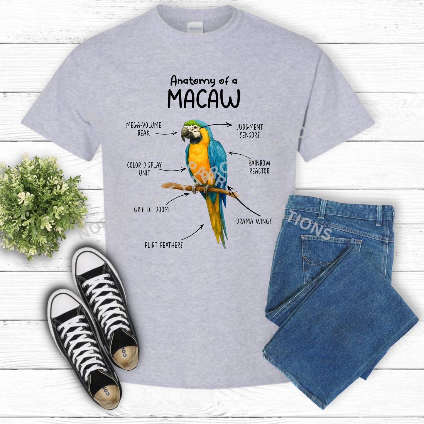 Blue and Gold Macaw "Anatomy of a Macaw" Descriptive Labels 100% Cotton Parrot Shirt